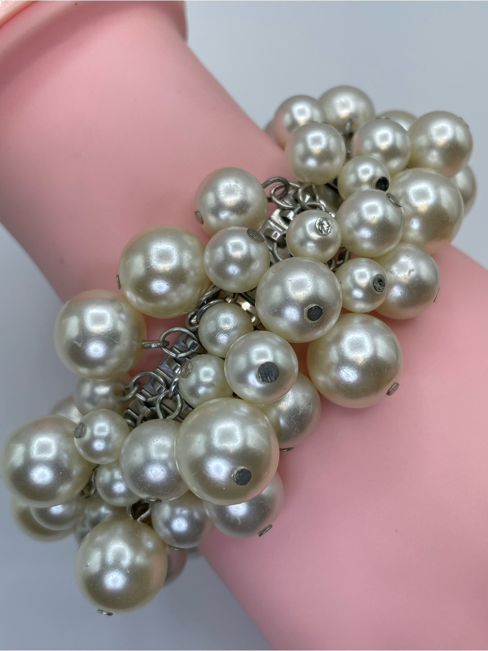 Silver Tone Faux Pearl Cluster Stretch Bracelet Chunky Statement Bridal Jewelry